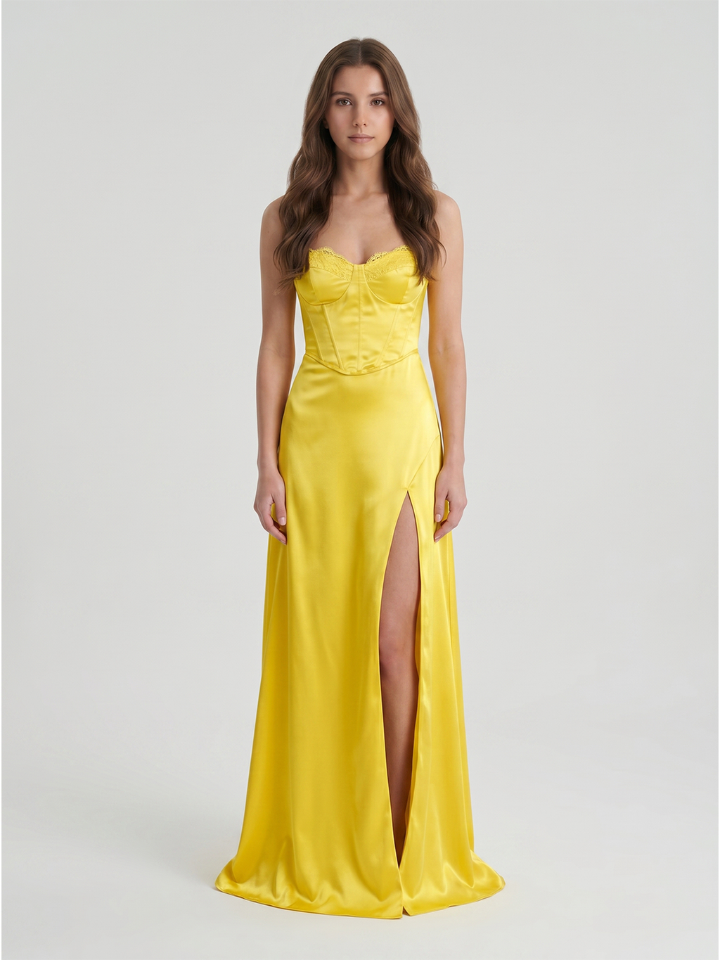 Lemon Satin A-Line Sweetheart Back Zip Floor-Length Bridesmaid Dress with Pleats