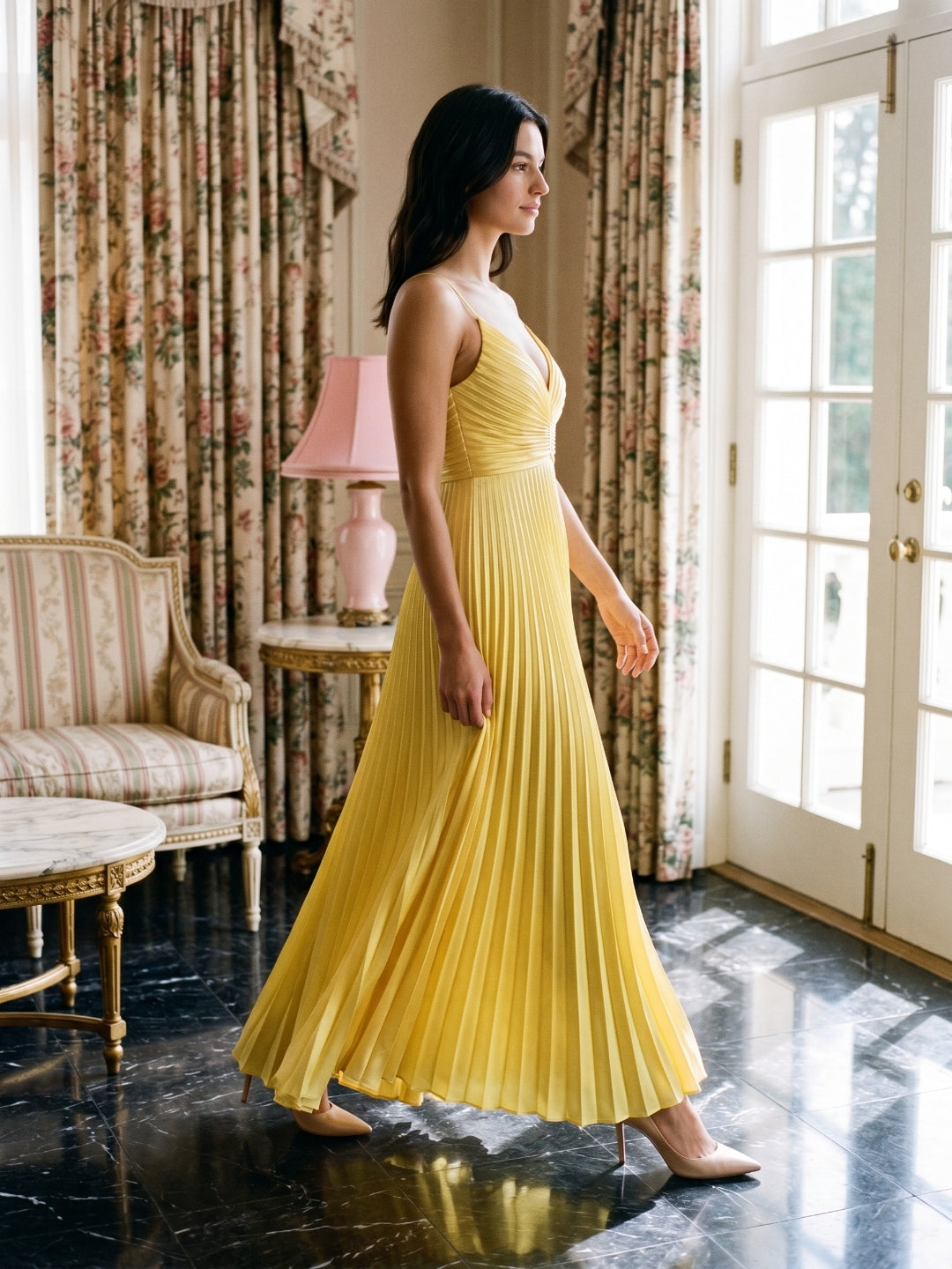 Lemon Satin A-Line V-Neck Criss-Cross Strap Floor-Length Prom Dress with Pleated Bodice