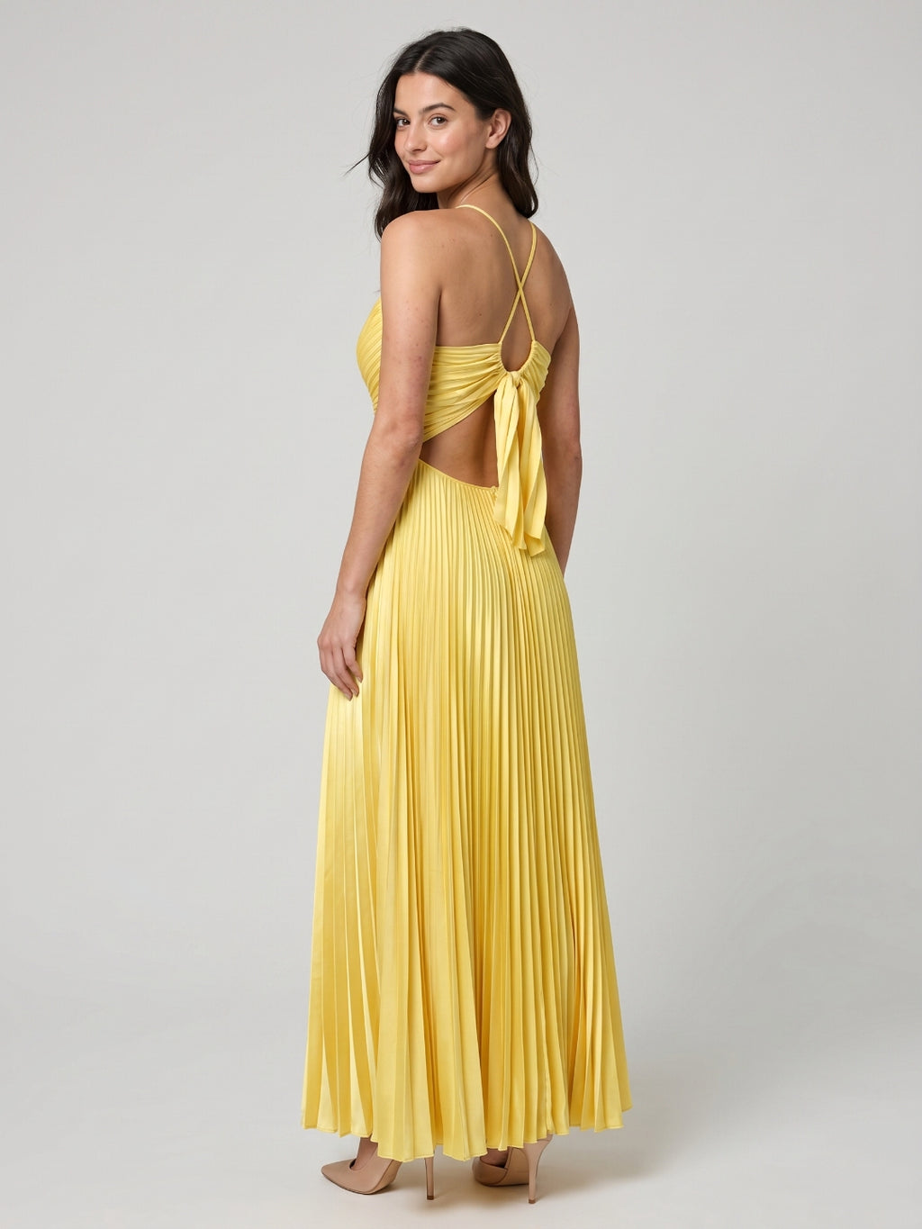 Lemon Satin A-Line V-Neck Criss-Cross Strap Floor-Length Prom Dress with Pleated Bodice