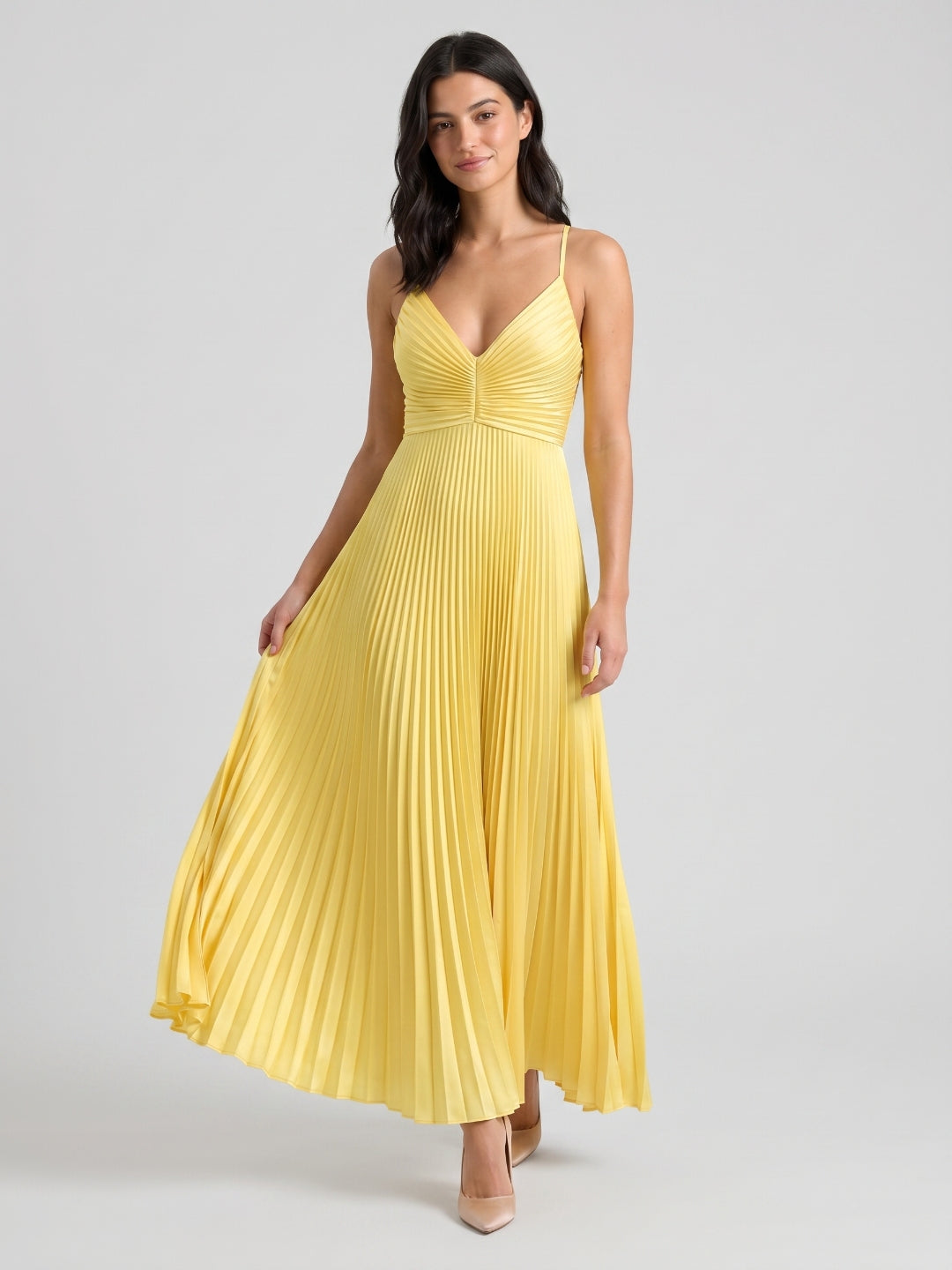 Lemon Satin A-Line V-Neck Criss-Cross Strap Floor-Length Prom Dress with Pleated Bodice