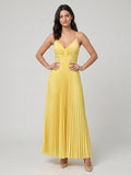 Lemon Satin A-Line V-Neck Criss-Cross Strap Floor-Length Prom Dress with Pleated Bodice