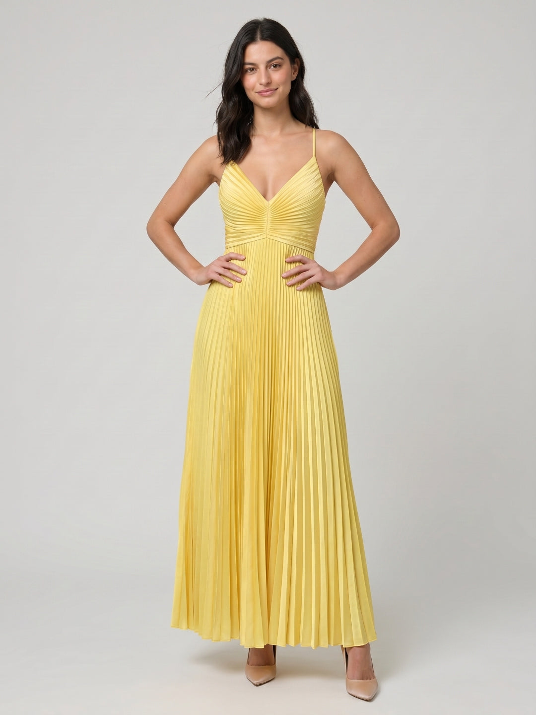Lemon Satin A-Line V-Neck Criss-Cross Strap Floor-Length Prom Dress with Pleated Bodice
