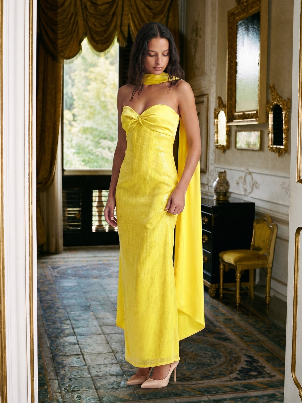Lemon Satin Column Square Neck Backless Floor-Length Bridesmaid Dress
