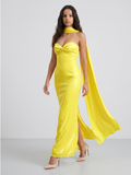 Lemon Satin Column Square Neck Backless Floor-Length Bridesmaid Dress
