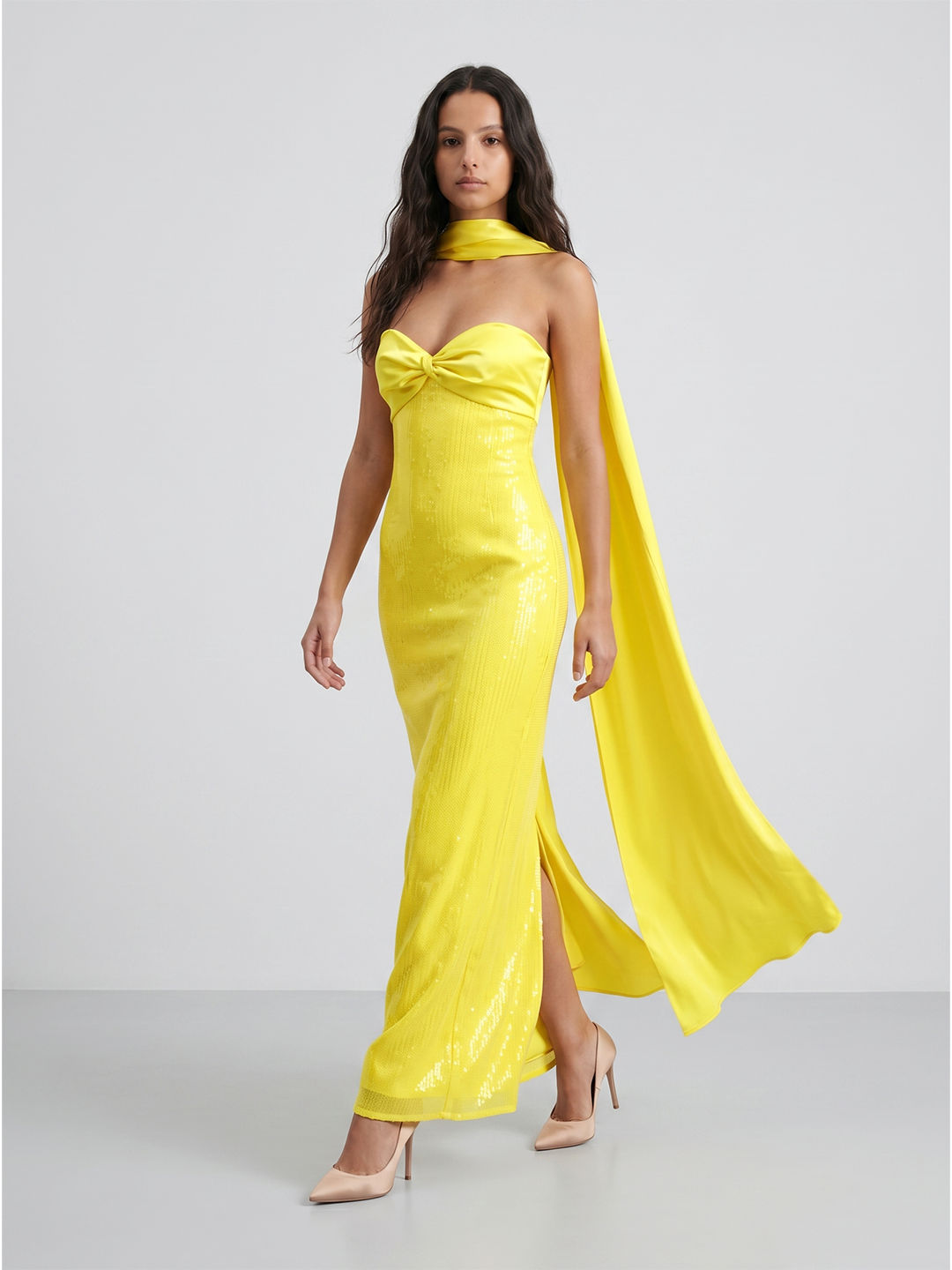 Lemon Satin Column Square Neck Backless Floor-Length Bridesmaid Dress