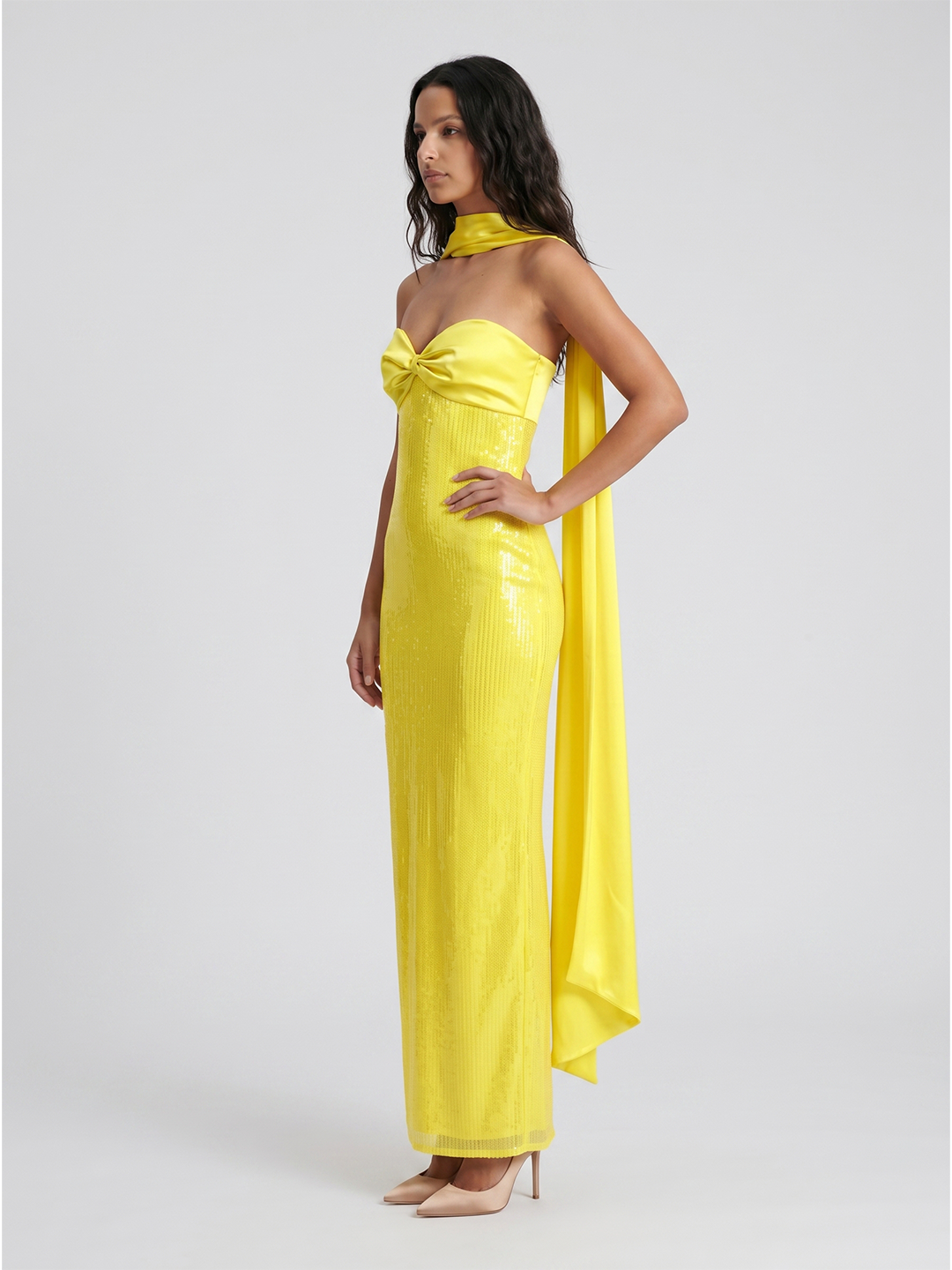 Lemon Satin Column Square Neck Backless Floor-Length Bridesmaid Dress