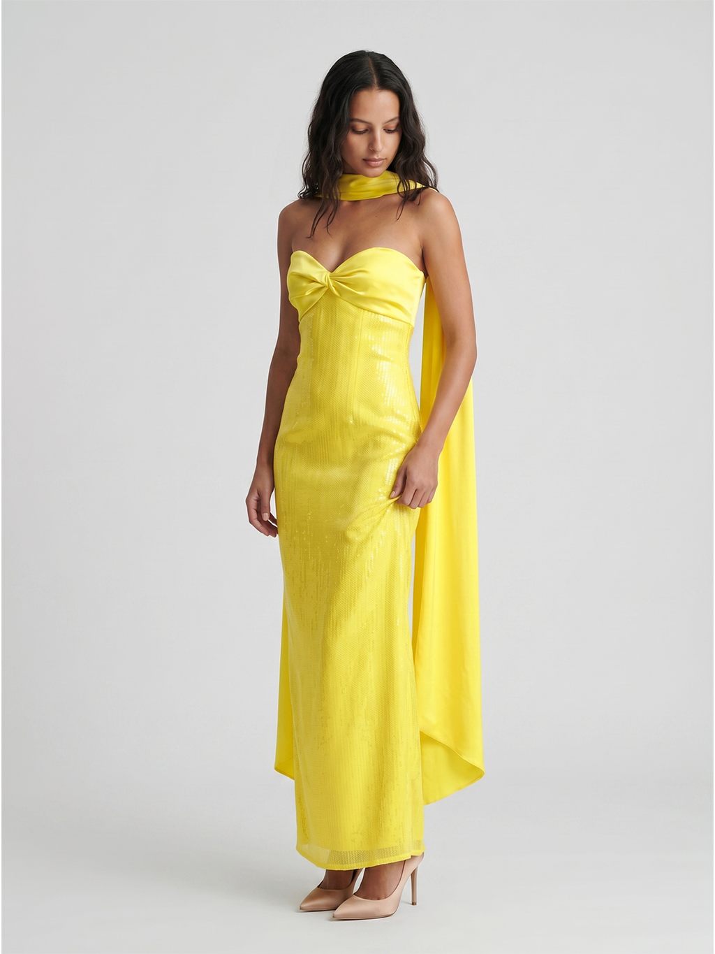 Lemon Satin Column Square Neck Backless Floor-Length Bridesmaid Dress