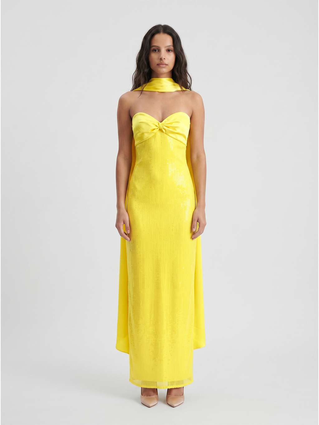 Lemon Satin Column Square Neck Backless Floor-Length Bridesmaid Dress