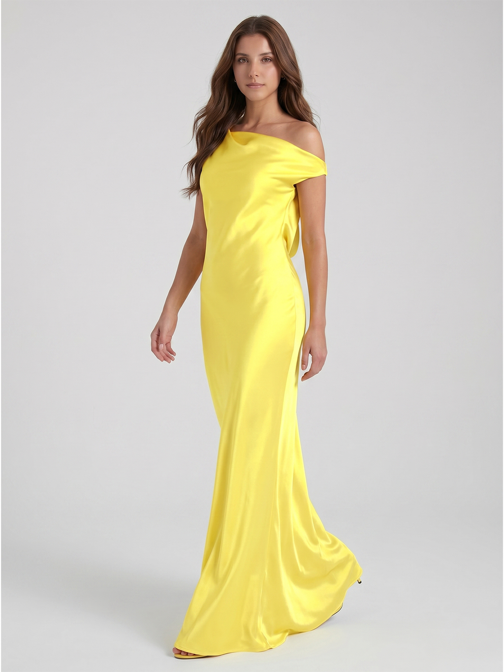 Lemon Satin Sheath One Shoulder Backless Asymmetrical Bridesmaid Dress with Pleats