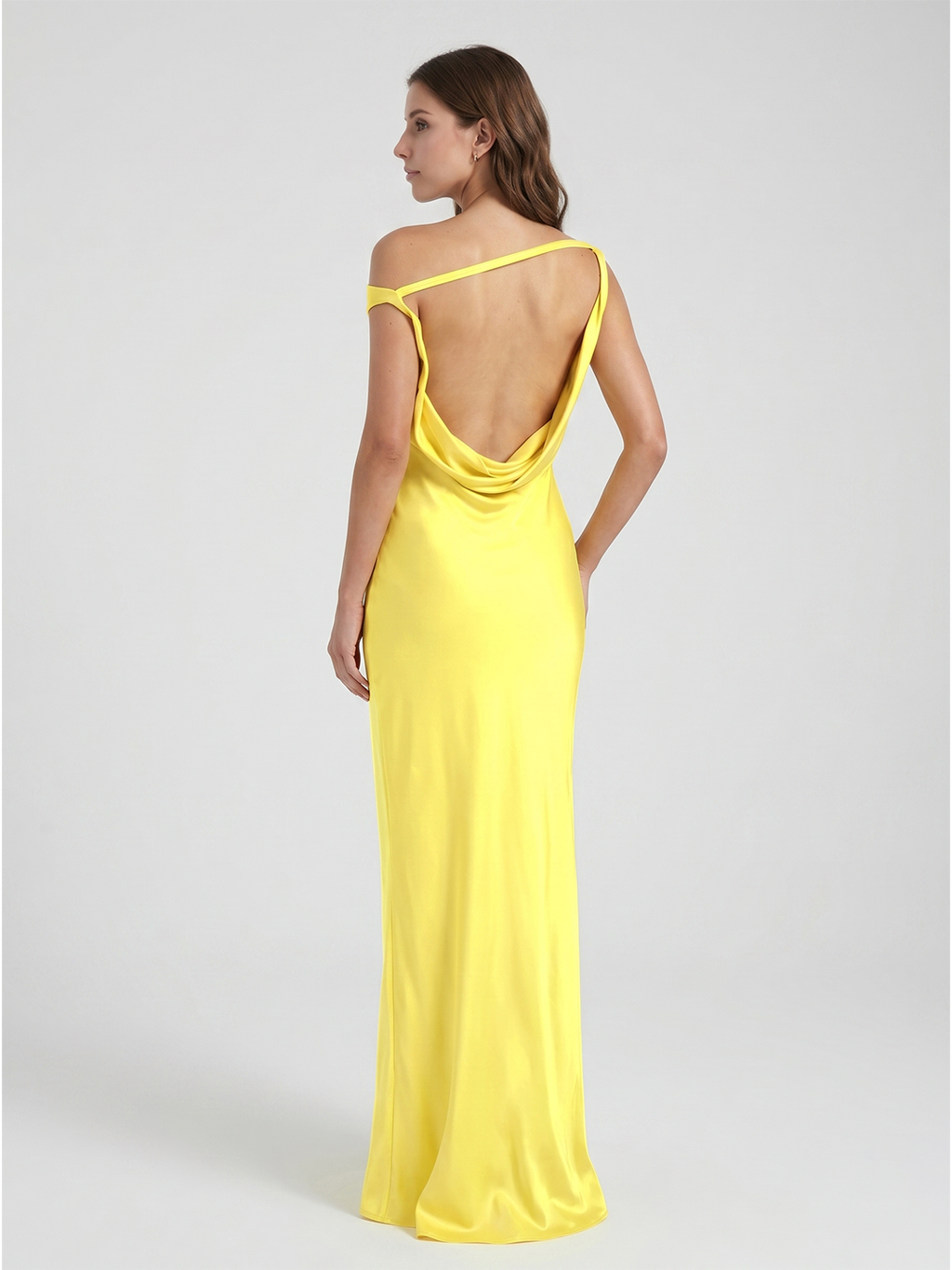 Lemon Satin Sheath One Shoulder Backless Asymmetrical Bridesmaid Dress with Pleats