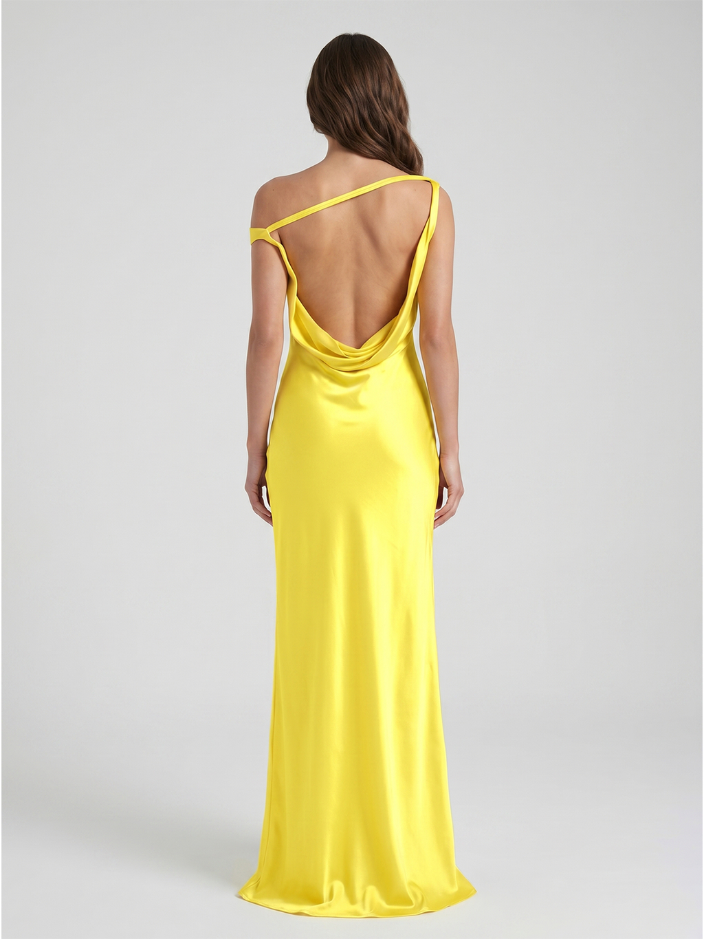 Lemon Satin Sheath One Shoulder Backless Asymmetrical Bridesmaid Dress with Pleats