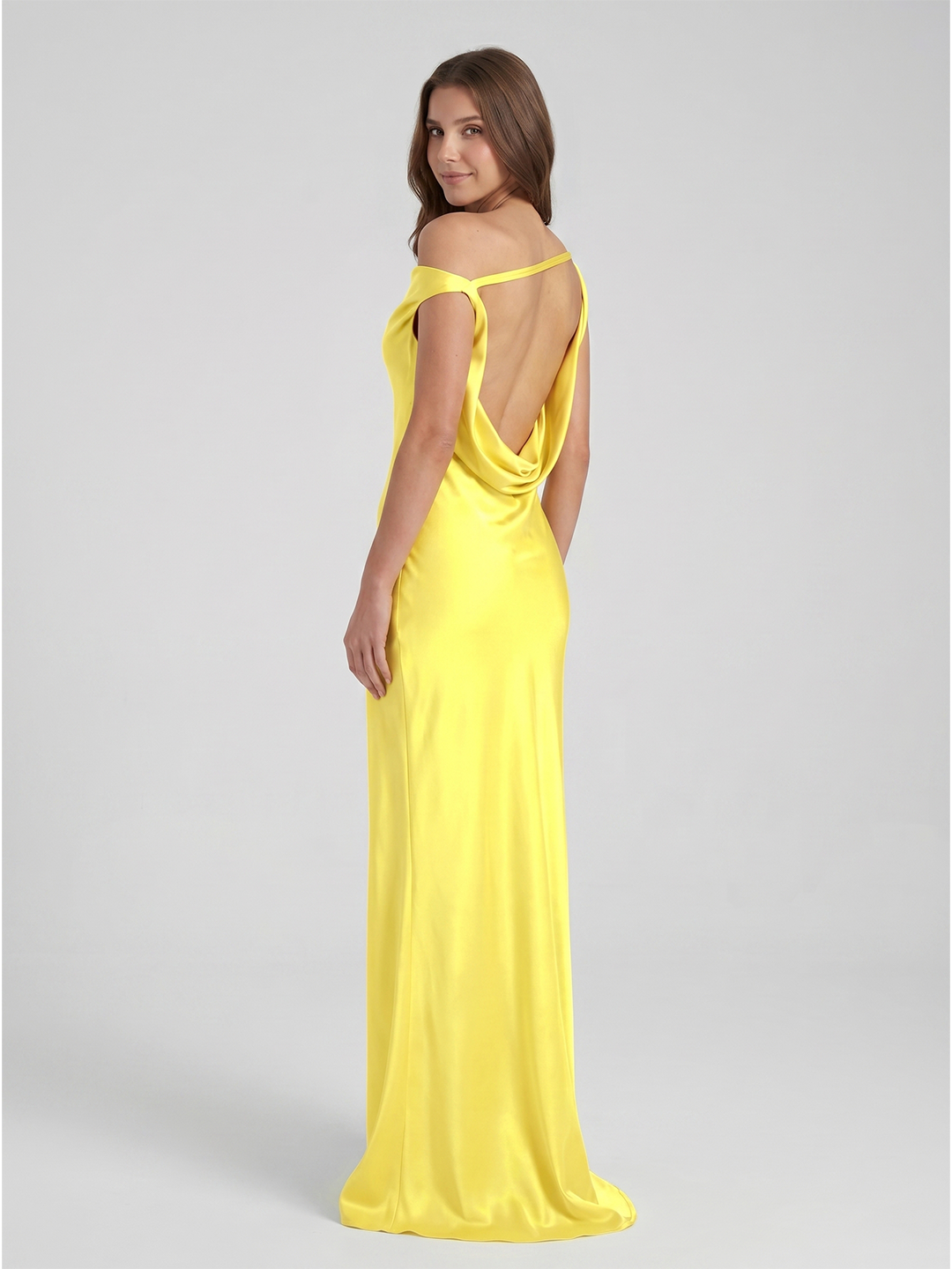 Lemon Satin Sheath One Shoulder Backless Asymmetrical Bridesmaid Dress with Pleats