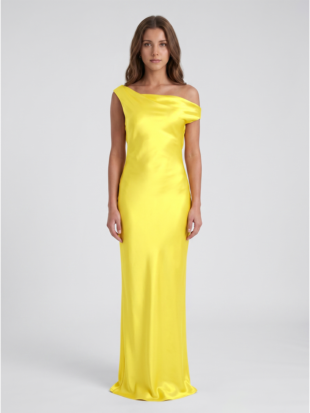 Lemon Satin Sheath One Shoulder Backless Asymmetrical Bridesmaid Dress with Pleats