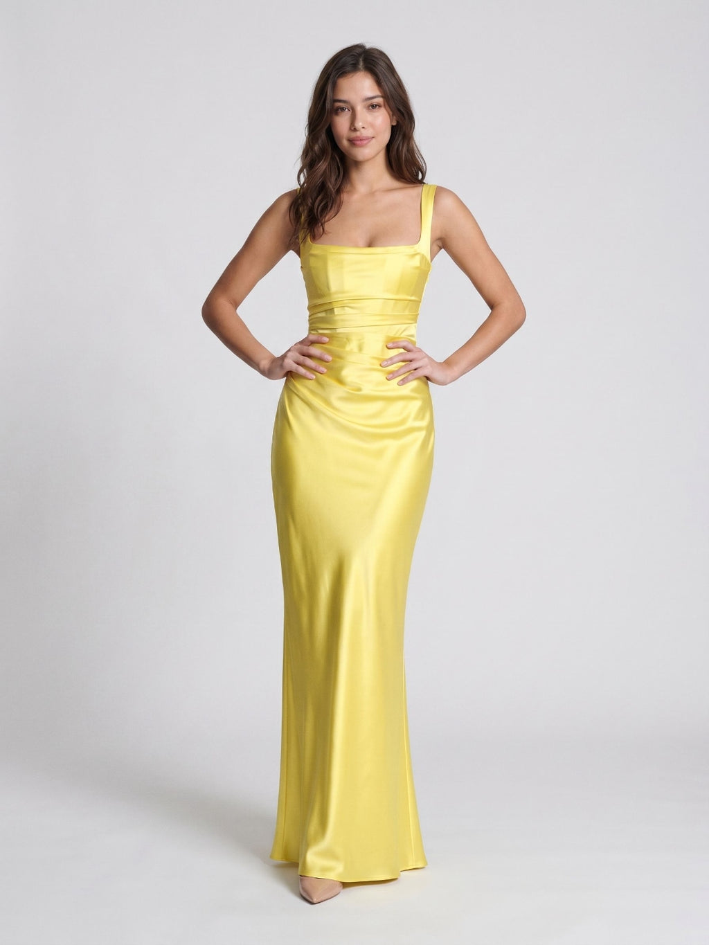 Lemon Satin Sheath Square Neck Corset Back Floor-Length Formal Dress with Pleating
