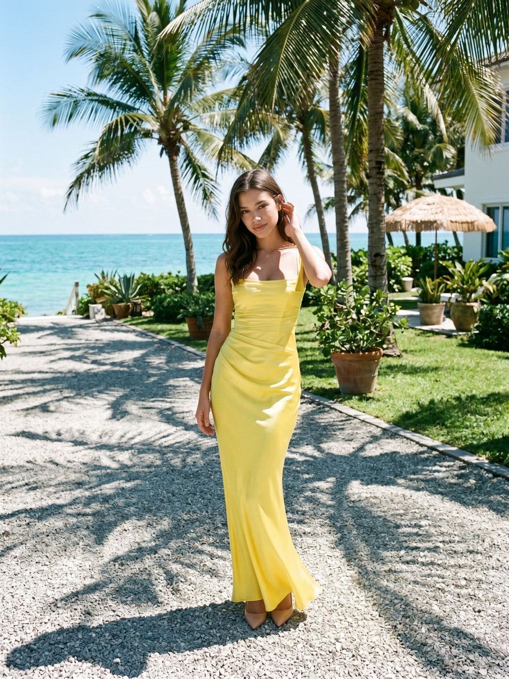 Lemon Satin Sheath Square Neck Corset Back Floor-Length Formal Dress with Pleating