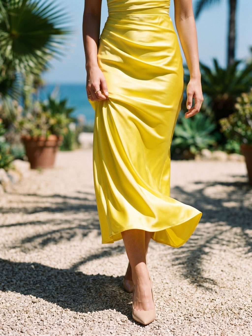 Lemon Satin Sheath Square Neck Corset Back Floor-Length Formal Dress with Pleating