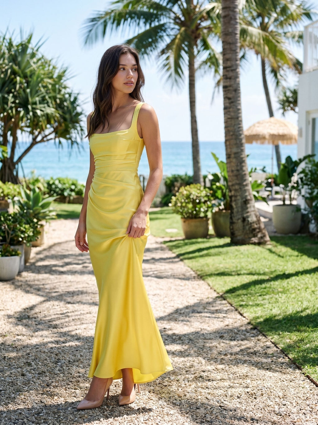 Lemon Satin Sheath Square Neck Corset Back Floor-Length Formal Dress with Pleating