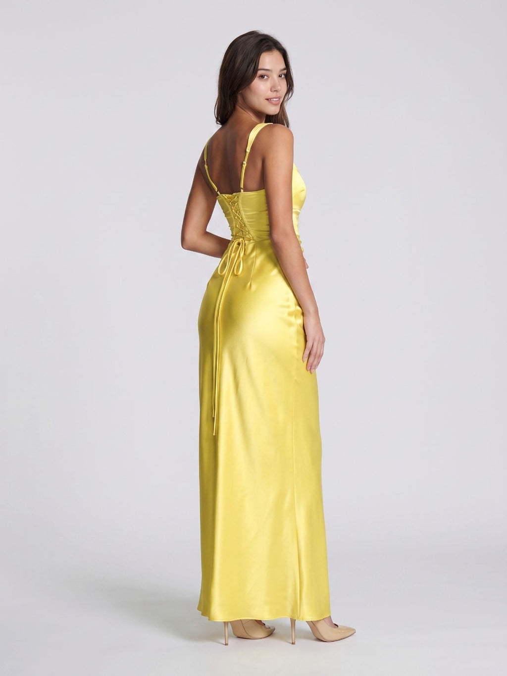 Lemon Satin Sheath Square Neck Corset Back Floor-Length Formal Dress with Pleating