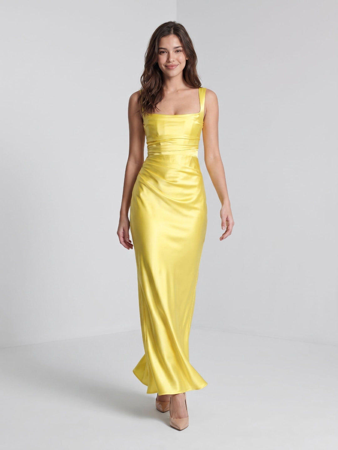 Lemon Satin Sheath Square Neck Corset Back Floor-Length Formal Dress with Pleating