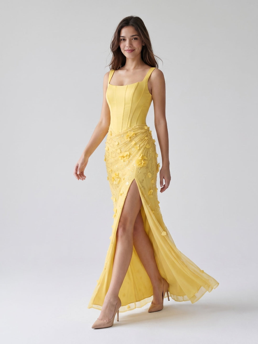 Lemon Satin Sheath Square Neck Lace-Up Back Floor-Length Party Dress with 3D Flowers