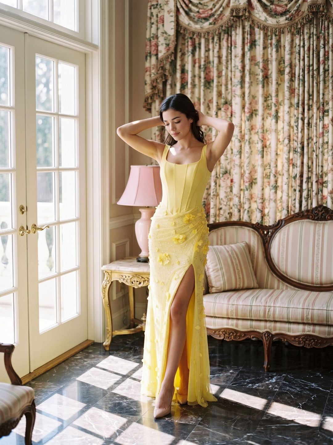 Lemon Satin Sheath Square Neck Lace-Up Back Floor-Length Party Dress with 3D Flowers