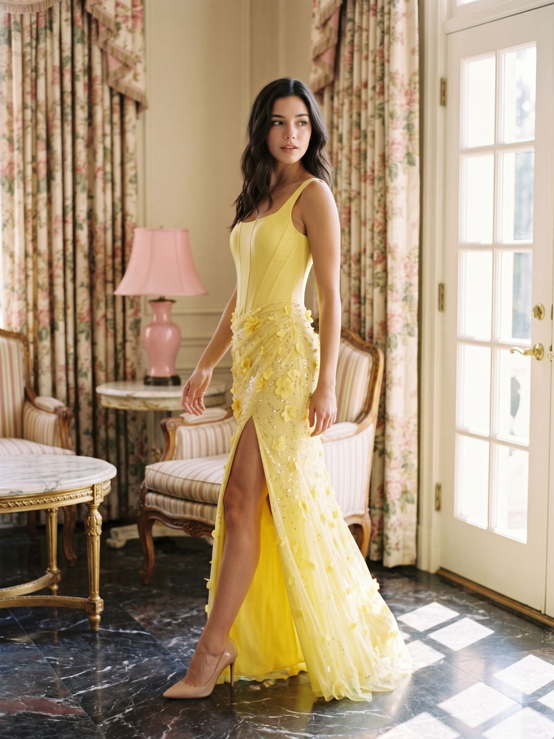 Lemon Satin Sheath Square Neck Lace-Up Back Floor-Length Party Dress with 3D Flowers