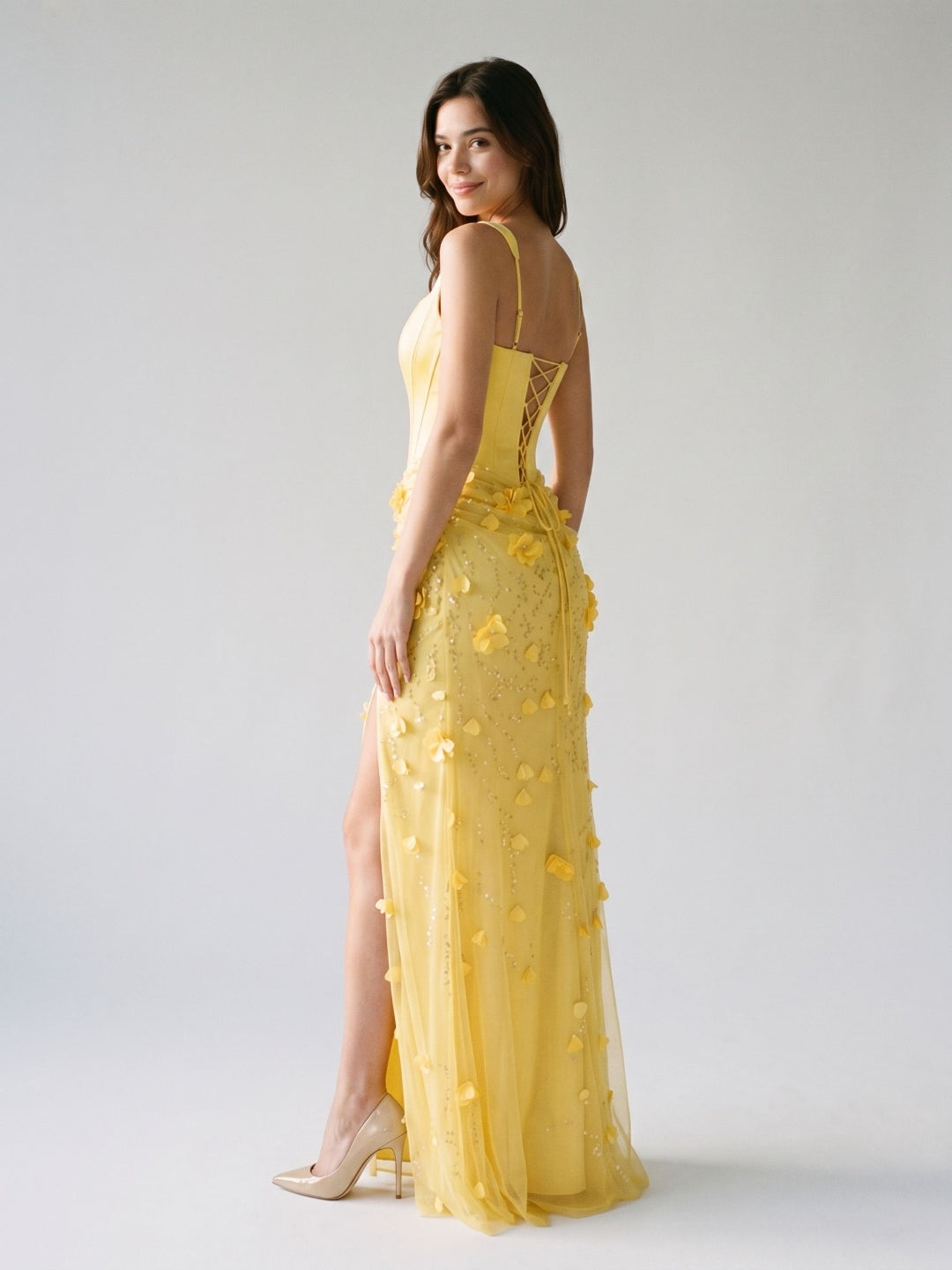 Lemon Satin Sheath Square Neck Lace-Up Back Floor-Length Party Dress with 3D Flowers