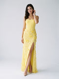 Lemon Satin Sheath Square Neck Lace-Up Back Floor-Length Party Dress with 3D Flowers