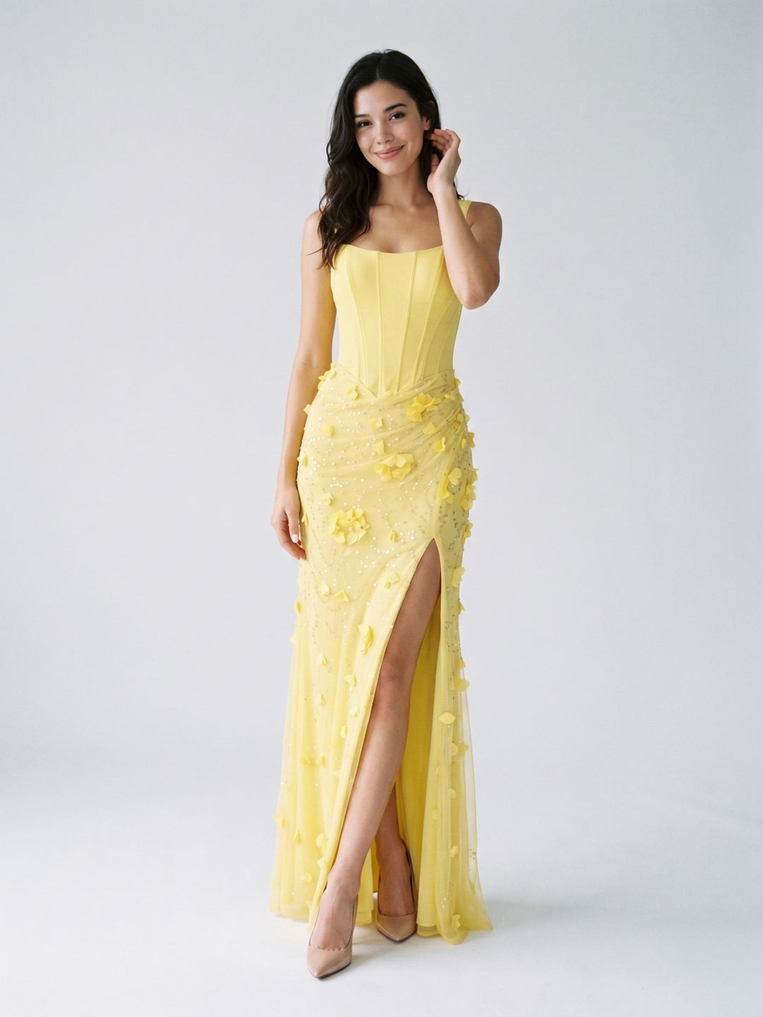Lemon Satin Sheath Square Neck Lace-Up Back Floor-Length Party Dress with 3D Flowers
