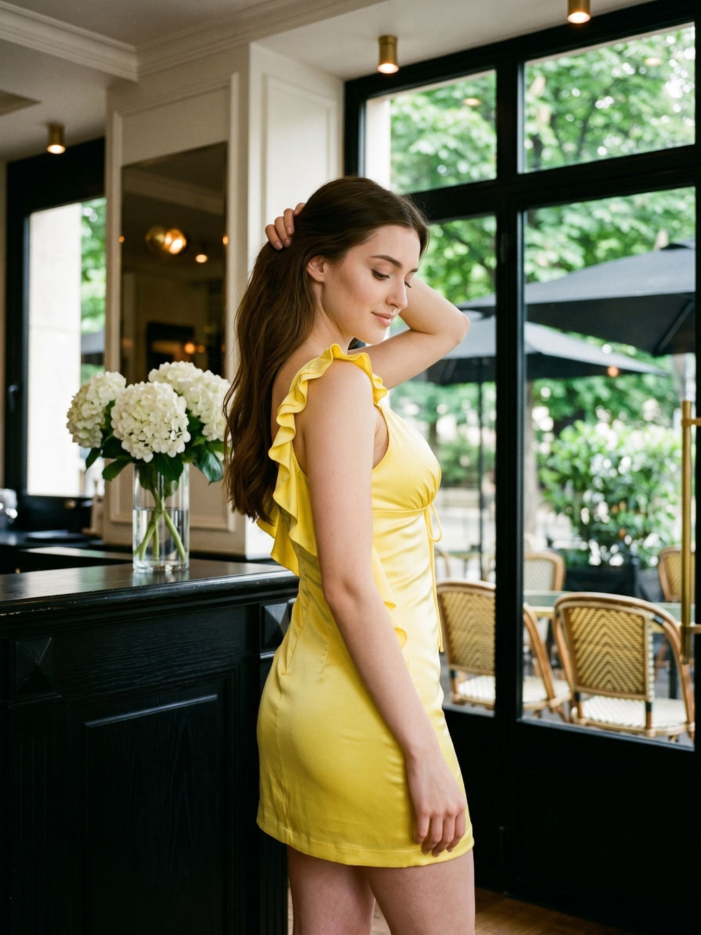 Lemon Satin Sheath V-Neck Backless Short Dress with Ruffles