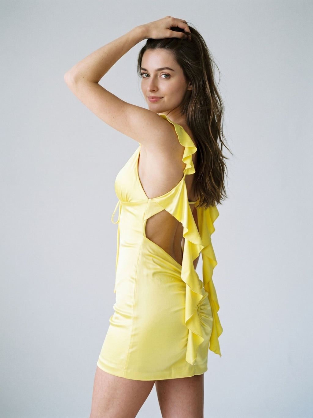 Lemon Satin Sheath V-Neck Backless Short Dress with Ruffles