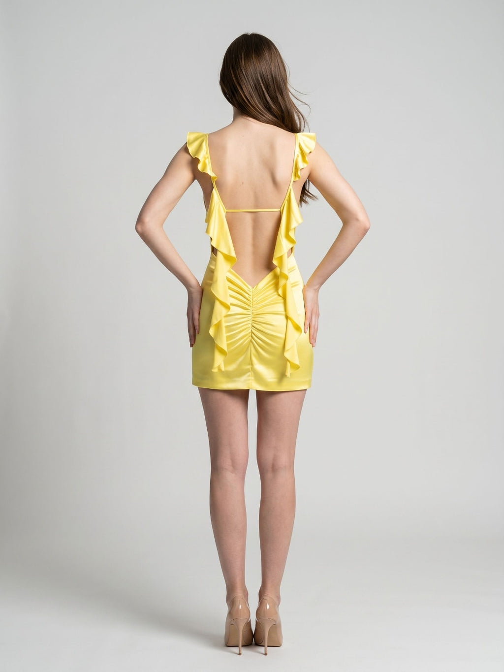Lemon Satin Sheath V-Neck Backless Short Dress with Ruffles