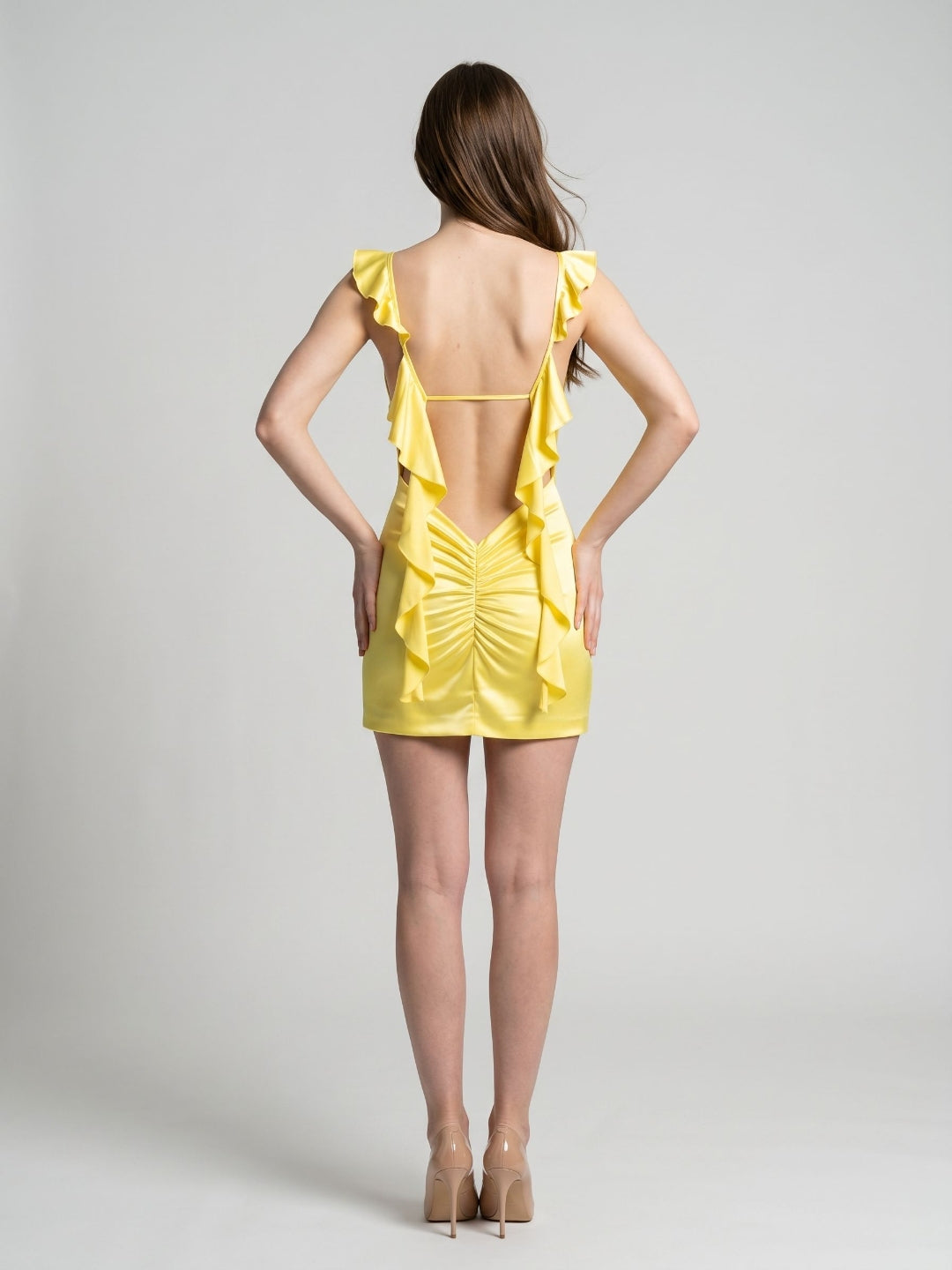 Lemon Satin Sheath V-Neck Backless Short Dress with Ruffles