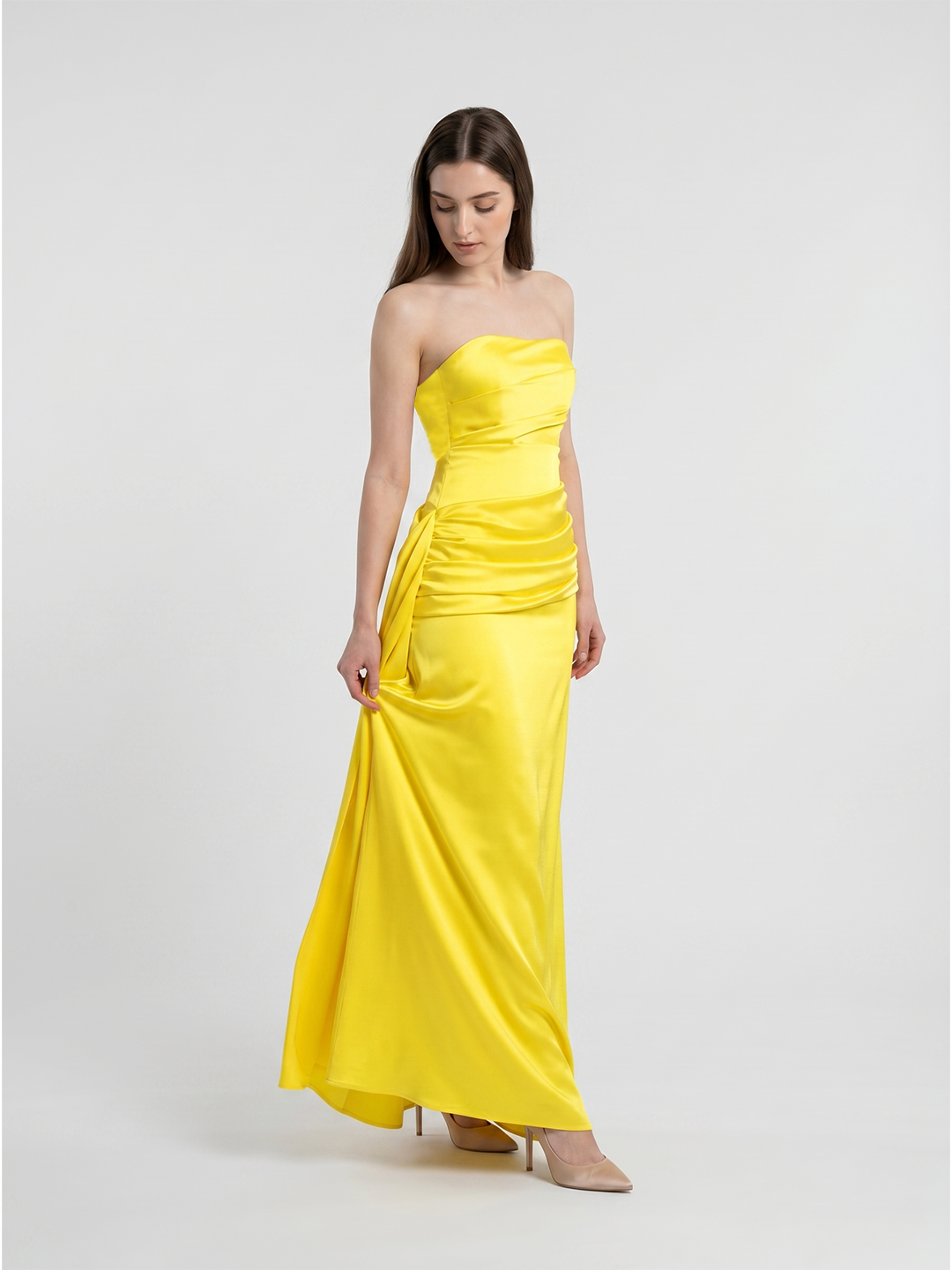 Lemon Satin Trumpet Straight Neck Backless Floor-Length Bridesmaid Dress with Pleats
