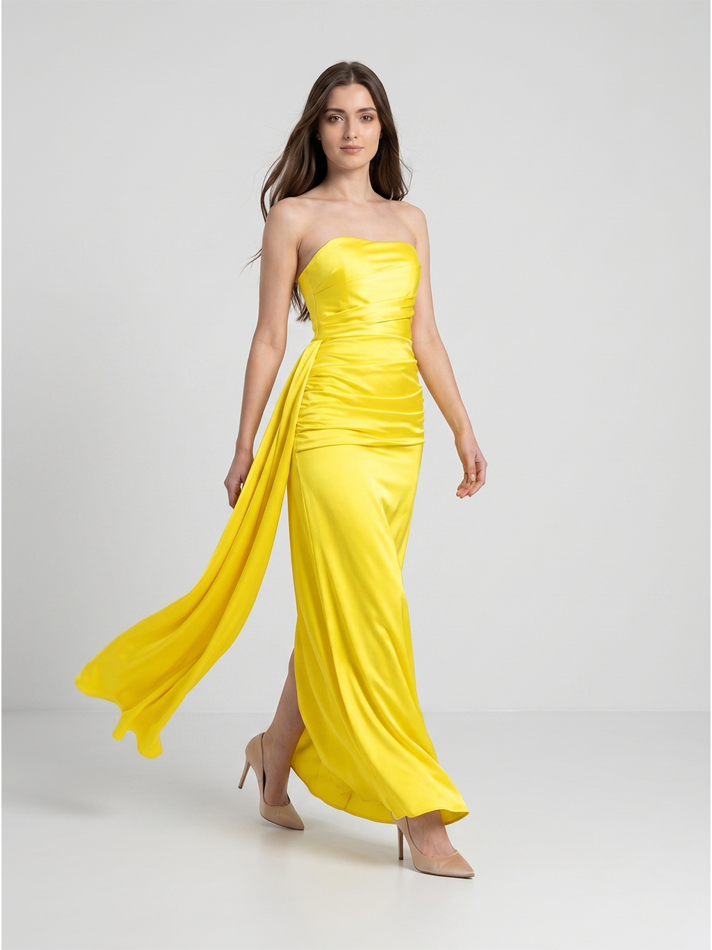 Lemon Satin Trumpet Straight Neck Backless Floor-Length Bridesmaid Dress with Pleats