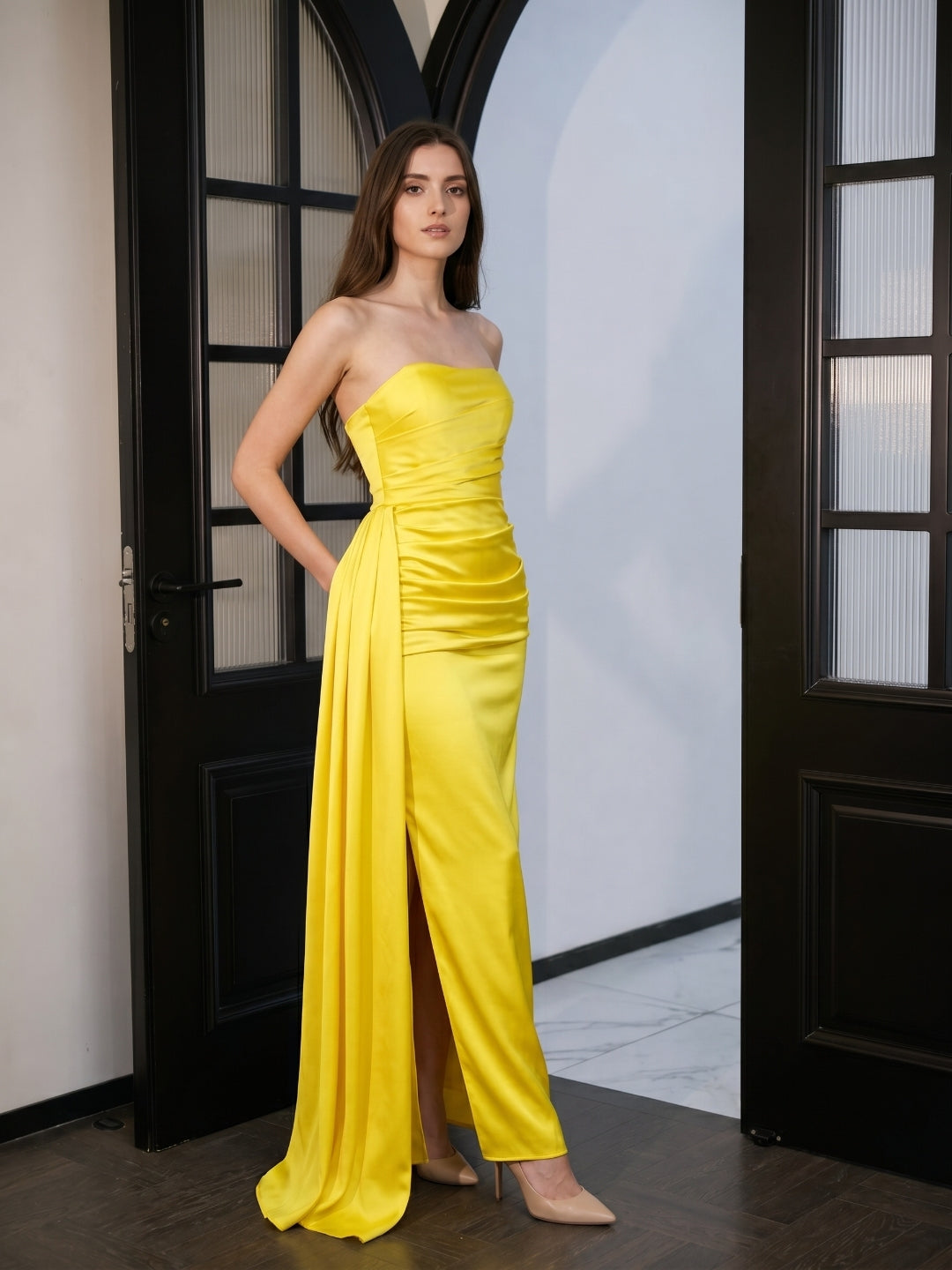 Lemon Satin Trumpet Straight Neck Backless Floor-Length Bridesmaid Dress with Pleats