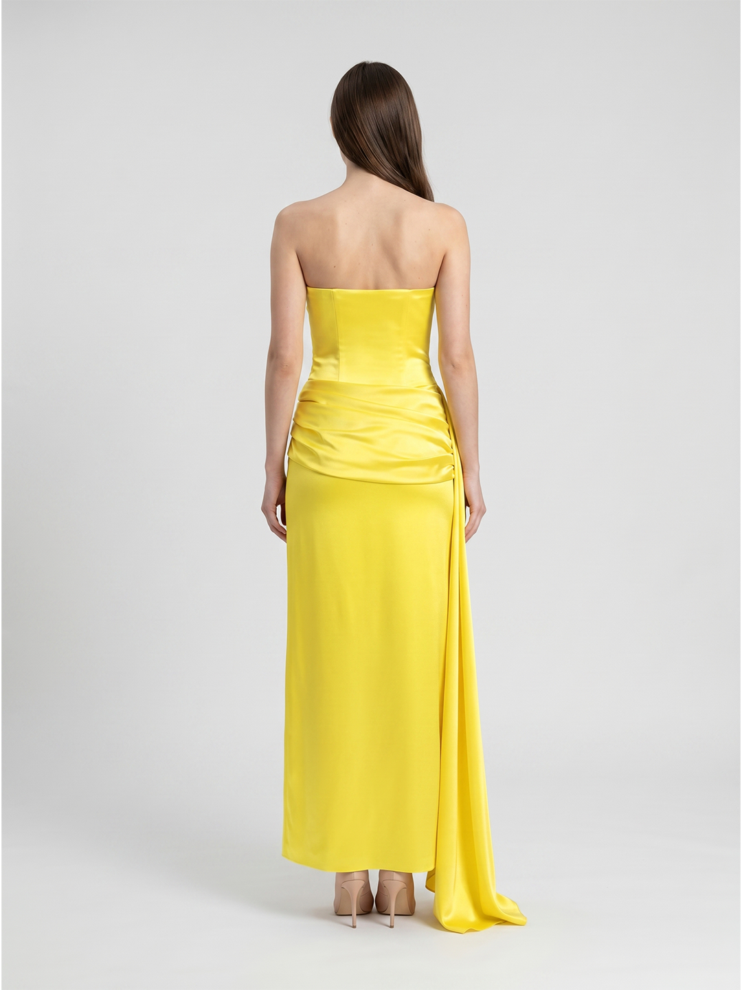 Lemon Satin Trumpet Straight Neck Backless Floor-Length Bridesmaid Dress with Pleats
