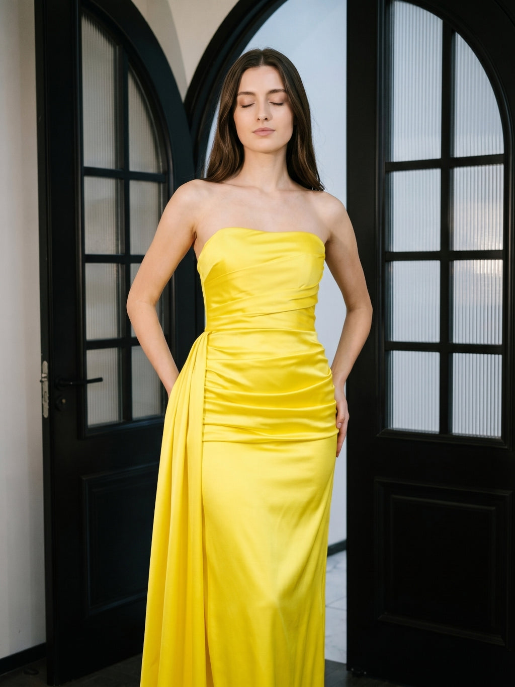 Lemon Satin Trumpet Straight Neck Backless Floor-Length Bridesmaid Dress with Pleats