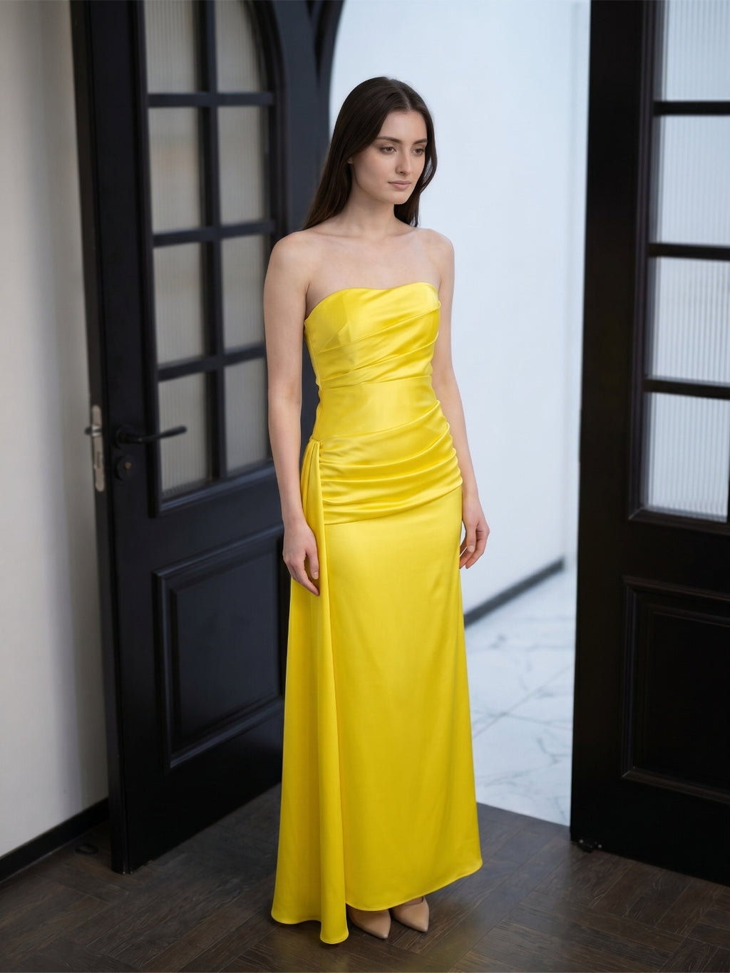 Lemon Satin Trumpet Straight Neck Backless Floor-Length Bridesmaid Dress with Pleats