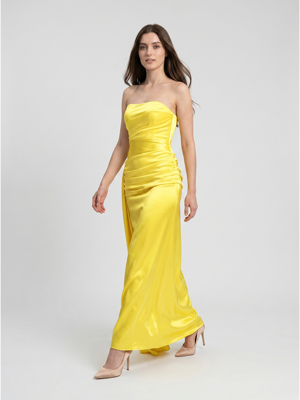 Lemon Satin Trumpet Straight Neck Backless Floor-Length Bridesmaid Dress with Pleats