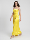 Lemon Satin Trumpet Straight Neck Backless Floor-Length Bridesmaid Dress with Pleats