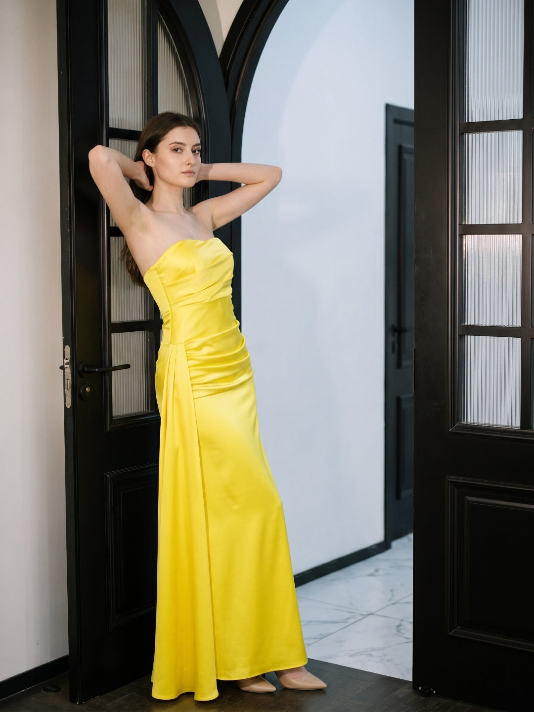 Lemon Satin Trumpet Straight Neck Backless Floor-Length Bridesmaid Dress with Pleats