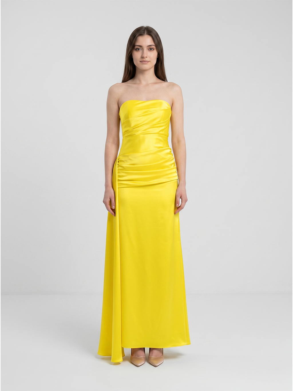 Lemon Satin Trumpet Straight Neck Backless Floor-Length Bridesmaid Dress with Pleats