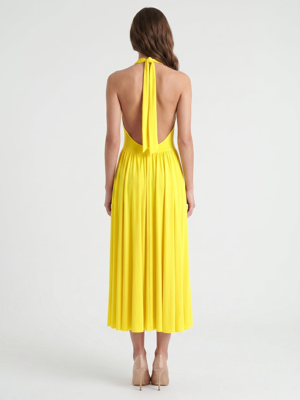 Lemon Stretch Knit A-Line Halter Backless Ankle-Length Bridesmaid Dress with Pleated Skirt