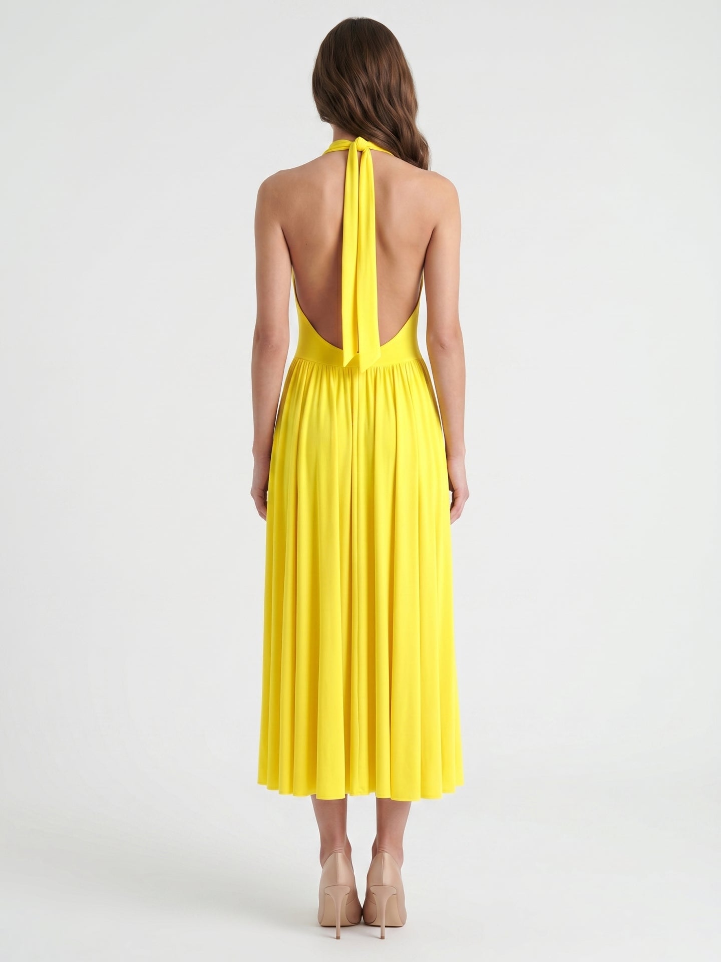 Lemon Stretch Knit A-Line Halter Backless Ankle-Length Bridesmaid Dress with Pleated Skirt
