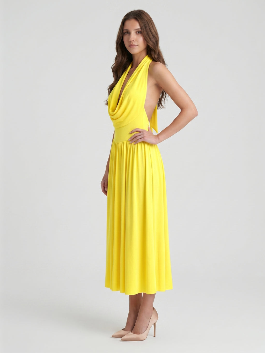 Lemon Stretch Knit A-Line Halter Backless Ankle-Length Bridesmaid Dress with Pleated Skirt