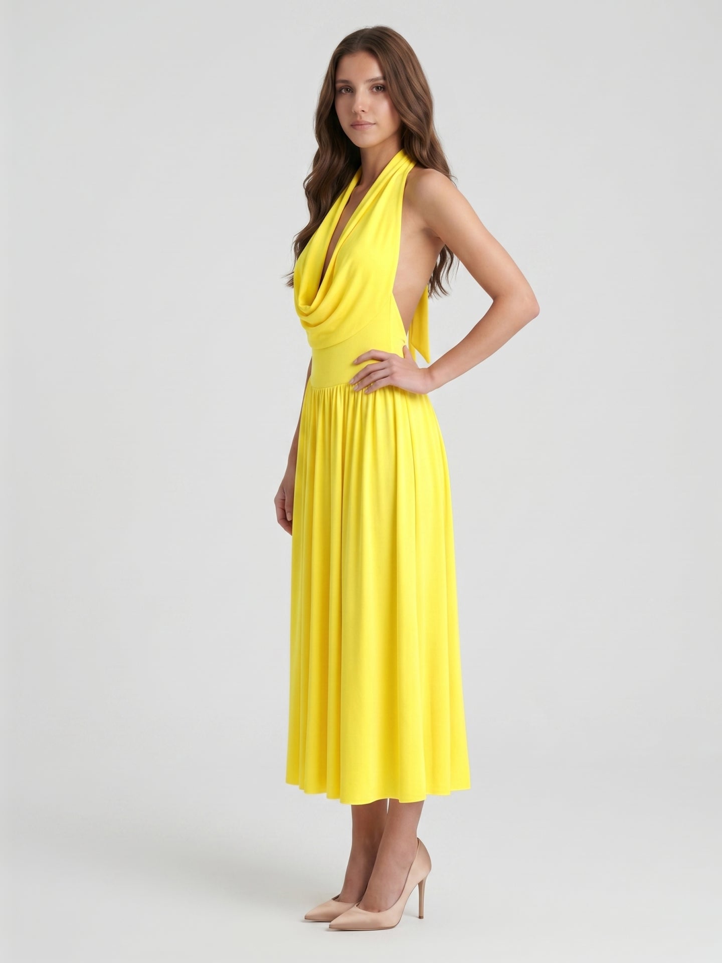 Lemon Stretch Knit A-Line Halter Backless Ankle-Length Bridesmaid Dress with Pleated Skirt