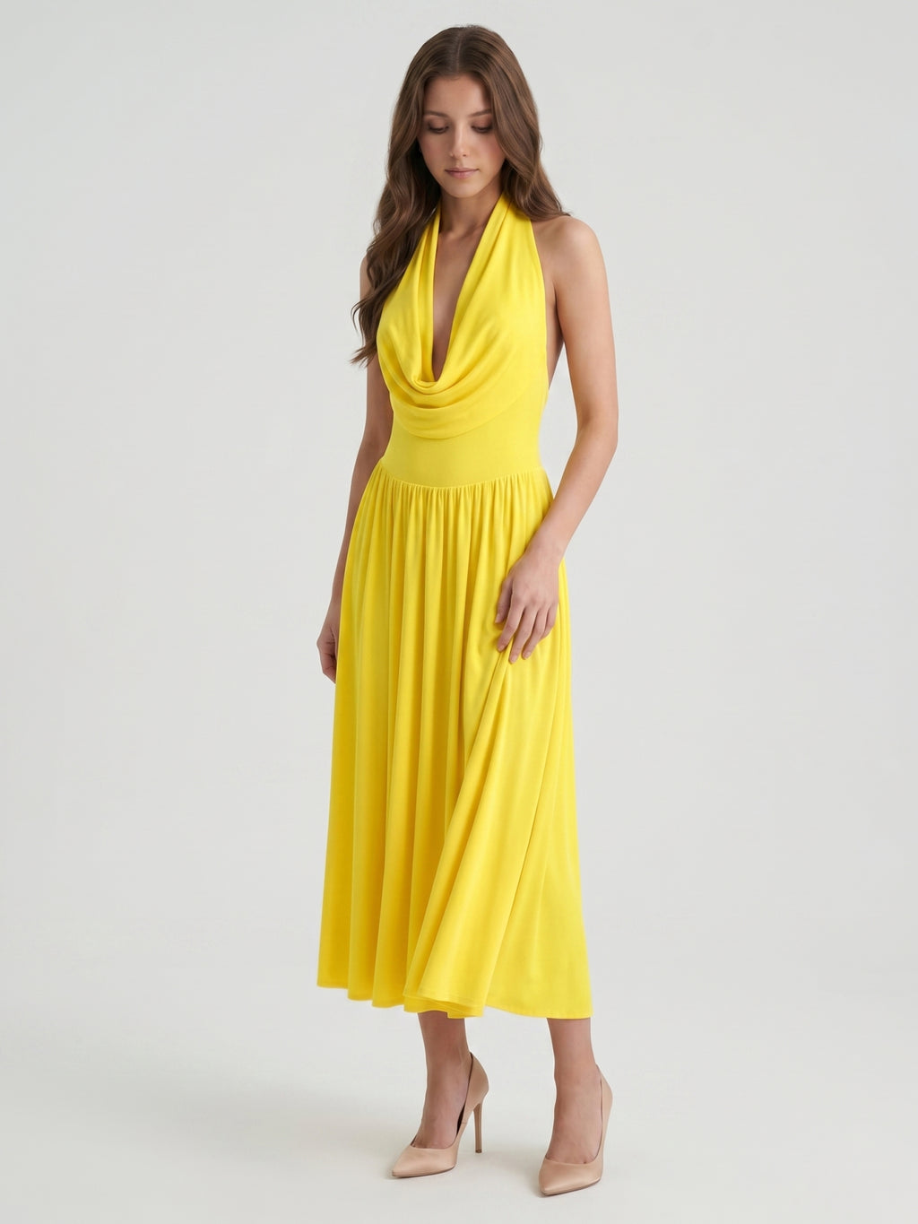 Lemon Stretch Knit A-Line Halter Backless Ankle-Length Bridesmaid Dress with Pleated Skirt
