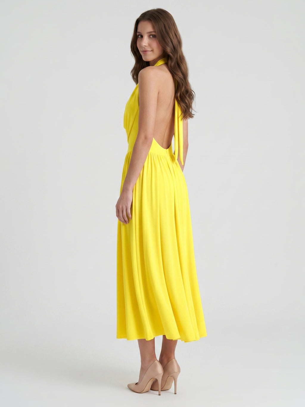 Lemon Stretch Knit A-Line Halter Backless Ankle-Length Bridesmaid Dress with Pleated Skirt