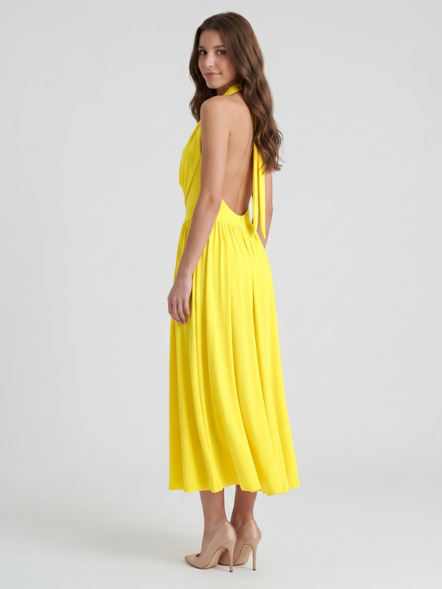 Lemon Stretch Knit A-Line Halter Backless Ankle-Length Bridesmaid Dress with Pleated Skirt